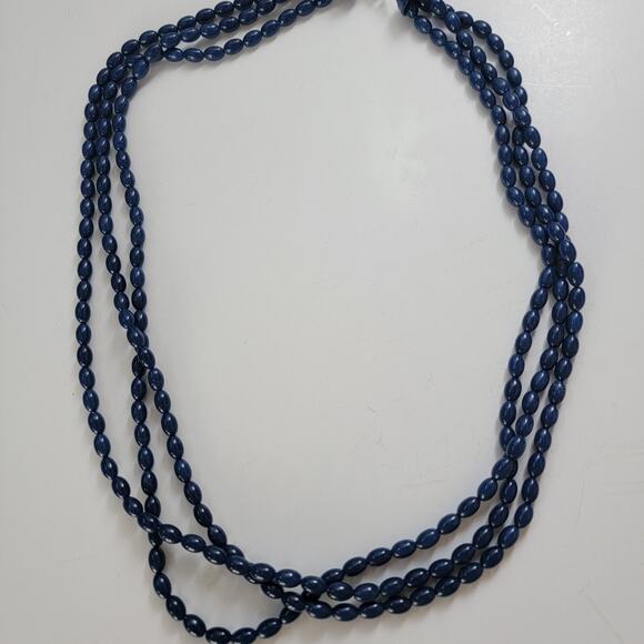 Vintage Multi Strand Navy Blue Beaded Necklace with Decorative Clasp Statement - Picture 4 of 10